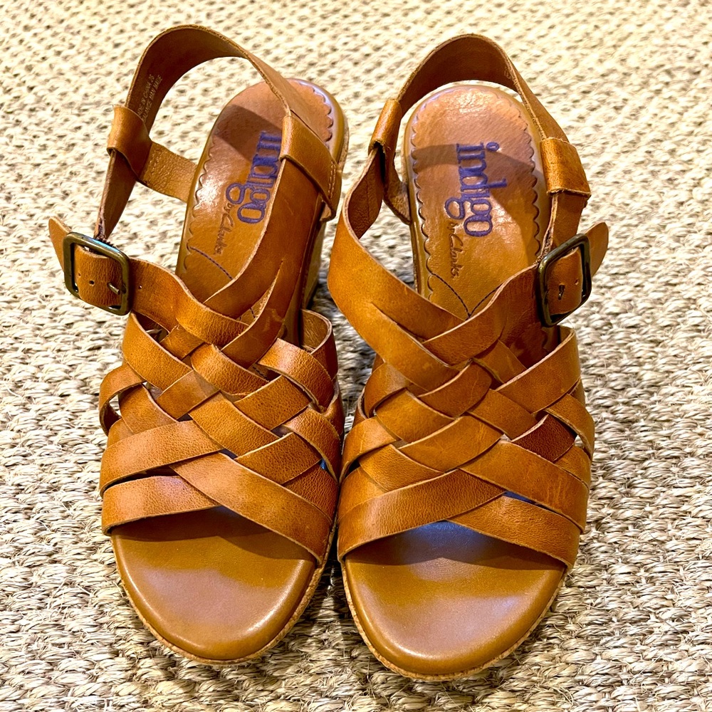Indigo by Clarks brown woven leather cork wedge sandals